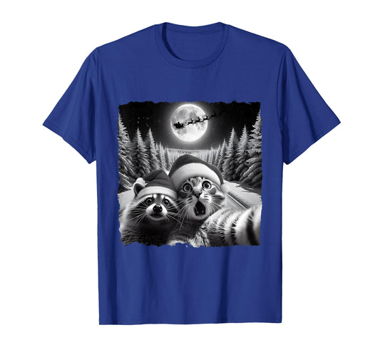 Christmas Xmas Holiday Funny Cat Taking Selfie Racoon Santa T-Shirt