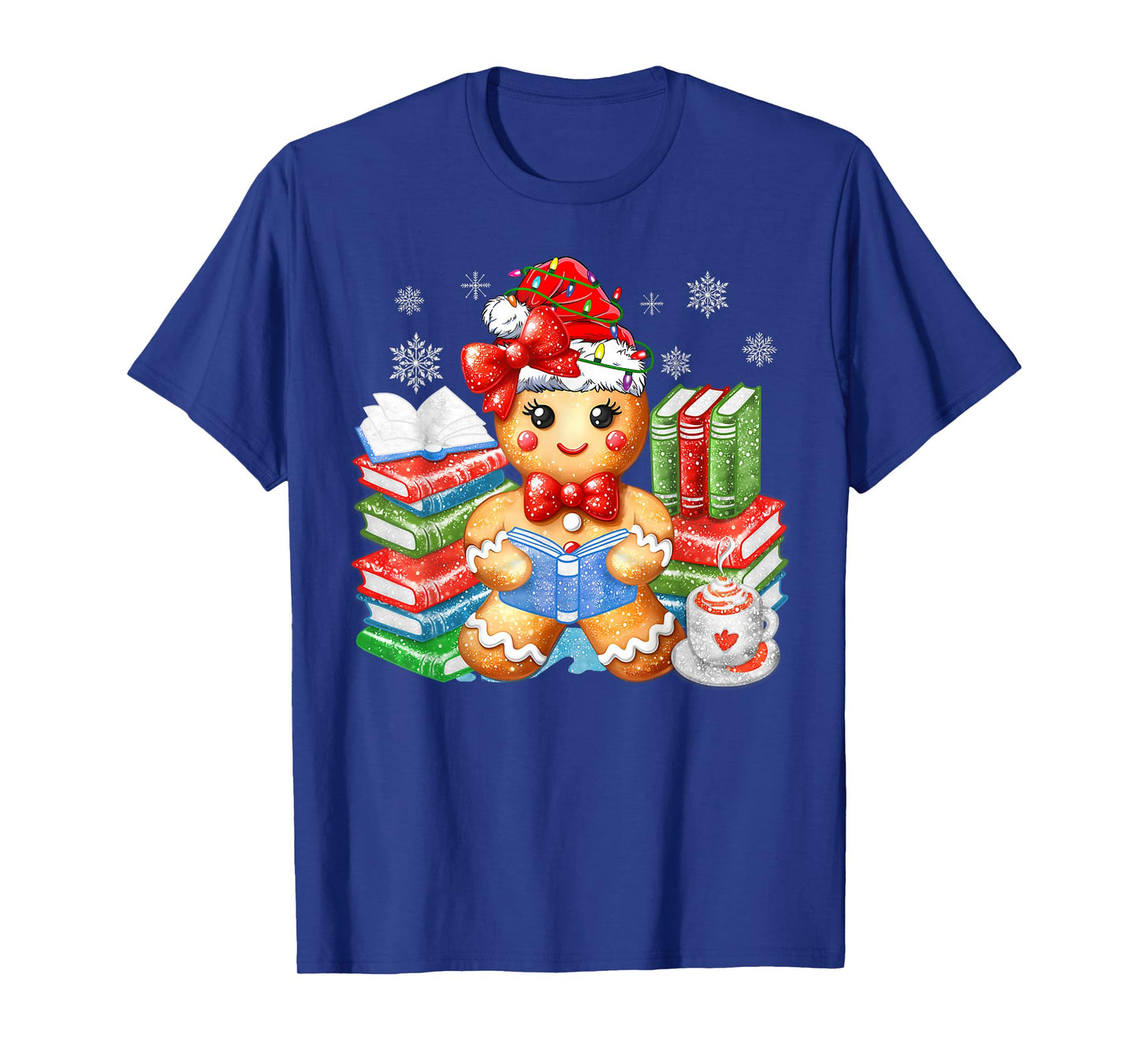 Christmas Gingerbread Man Reading Book Snowflake Teacher T-Shirt