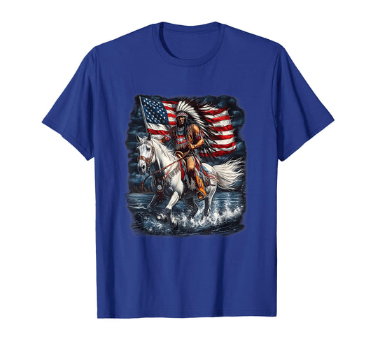 Native American Day Flag Indian Riding Horse 4Th of July T-Shirt