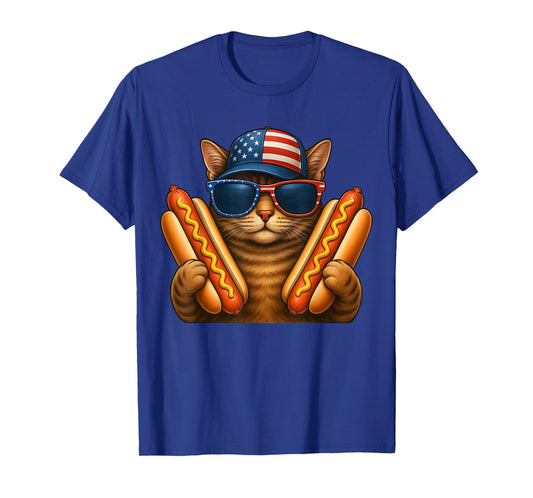 Cat with American Flag in a Hat and Hotdog for 4th of july Men Women Kids T-Shirt