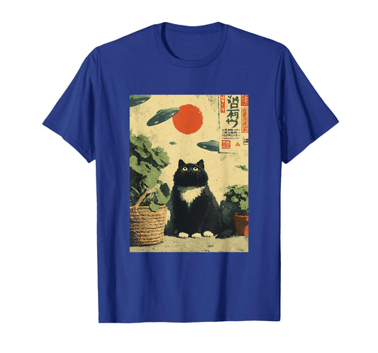 Cute Vintage Japanese Cat UFOs Space Aliens Kids Adults T-Shirt