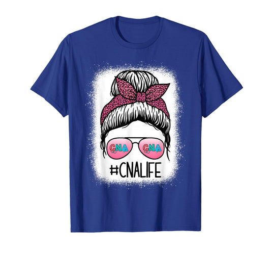 CNA Nurse Life Bleached Shirts Leopard Messy Bun Women T-Shirt