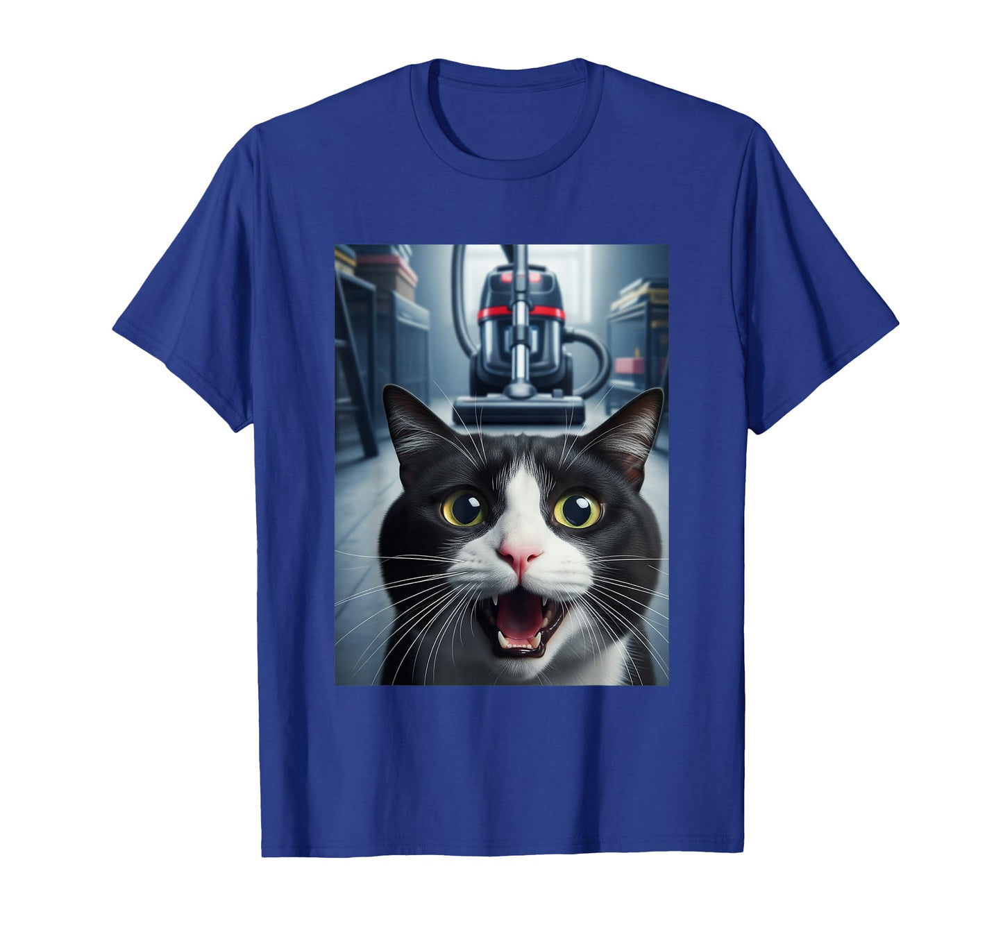Funny Tuxedo Cat Selfie with Vacuum Chase Meme T-Shirt