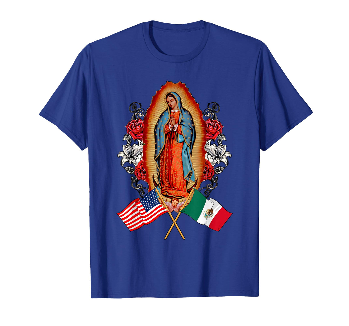 Our Lady Virgen De Guadalupe Mexican American Flag T-Shirt