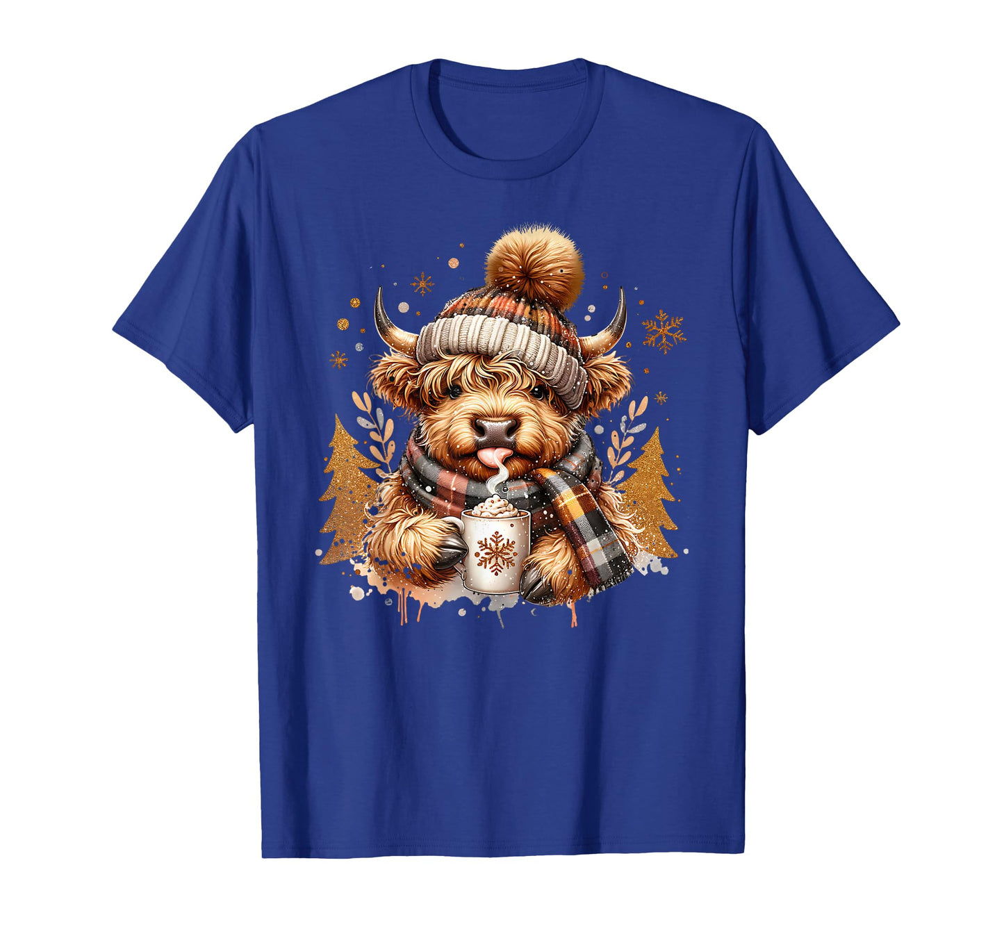 Cute Highland Cow Drinking Coffee Latte Winter Christmas T-Shirt
