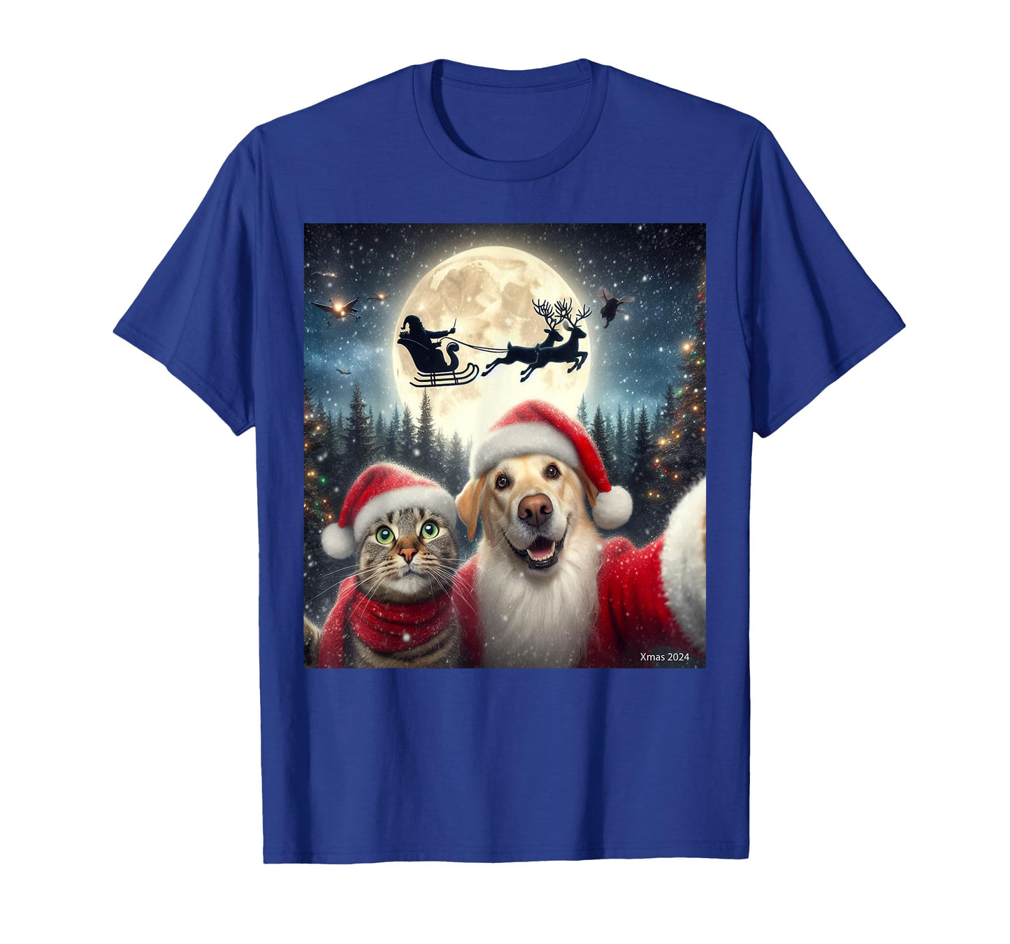 Funny cat and dog selfie with Santa Claus Christmas xmas eve T-Shirt for Men Women Kids
