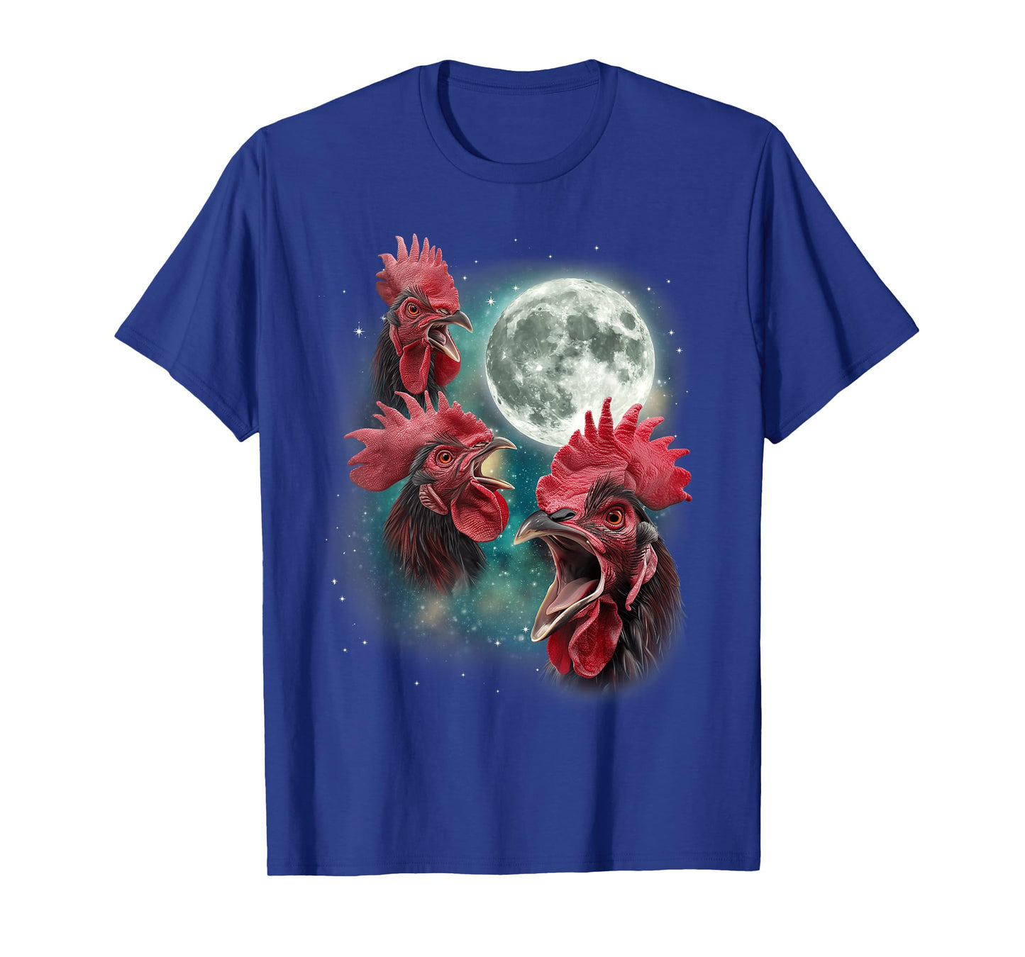 Three Rooster Moon | 3 Chickens Cluck at Moon Cursed Farm T-Shirt