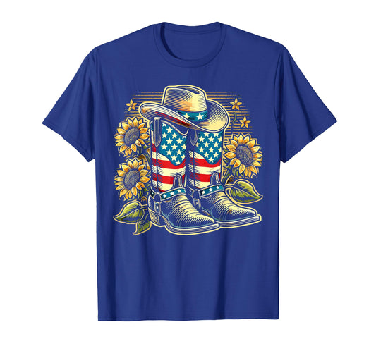 Cowboy Boots Hat American Flag Sunflower Country Western T-Shirt