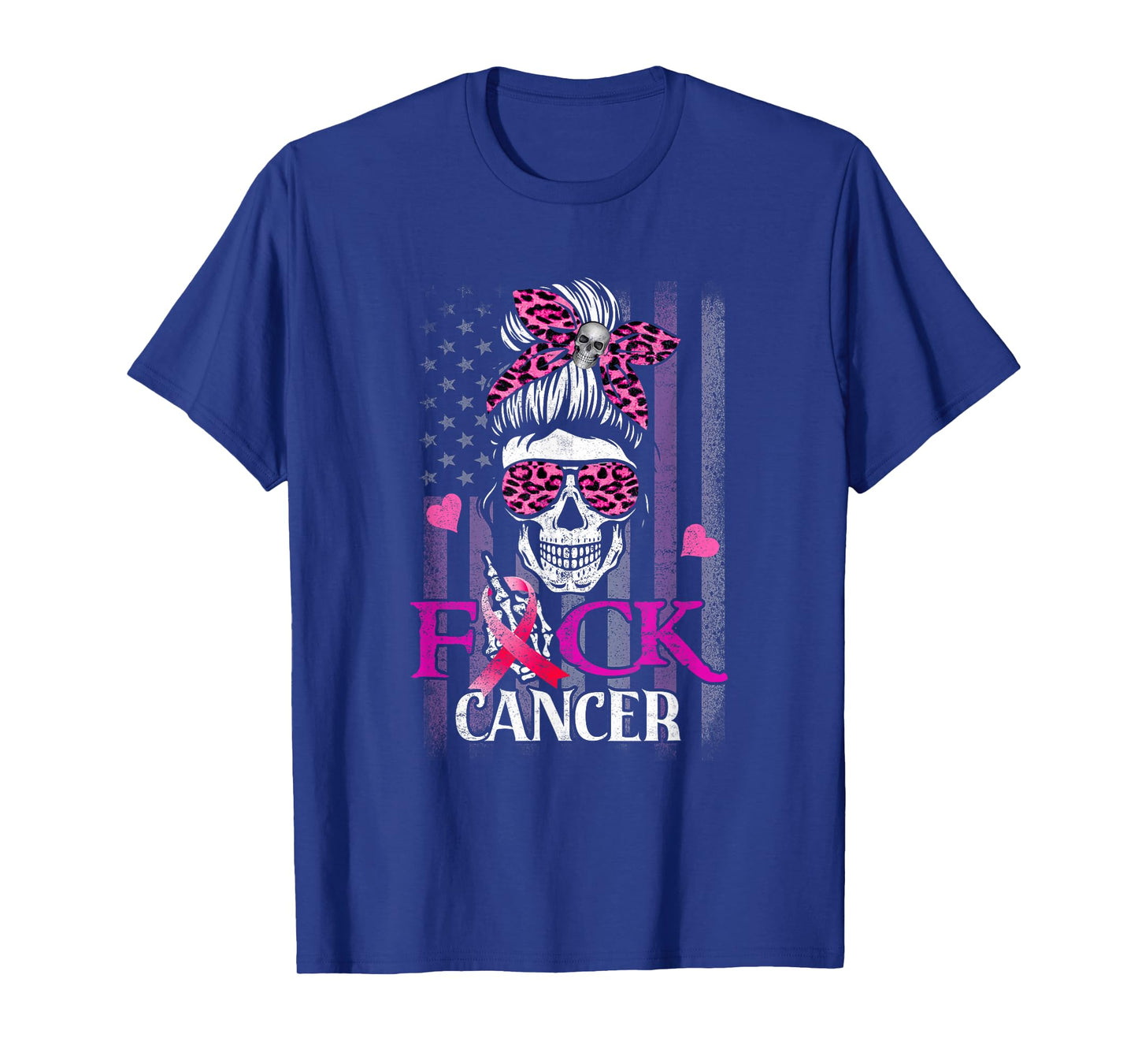Messy Bun Skull Breast Cancer Awareness Fuck-Cancer USA Flag T-Shirt