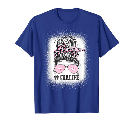 CNA Nurse Life Shirt, Bleached Messy Bun Nurse Leopard T-Shirt