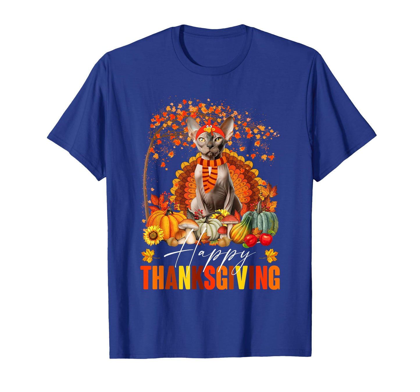 Funny Sphynx Cat In Turkey Costume Happy Thanksgiving Day T-Shirt