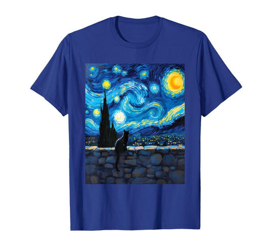 Charming Black Cat Stone Wall Van Gogh Art Style Cat Lovers T-Shirt