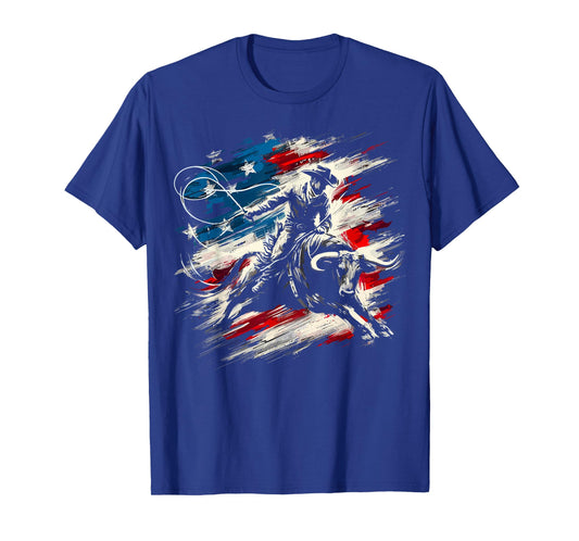 Rodeo Cowboy Bull Riding American Flag Western T-Shirt