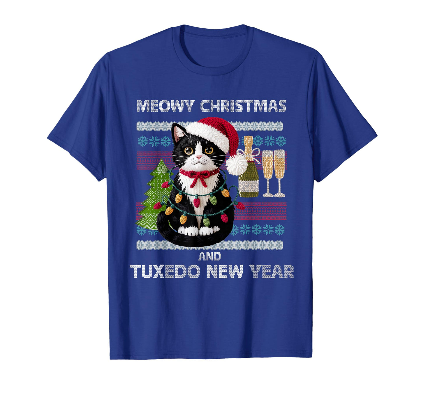 Meowy Christmas Funny Tuxedo Cat Santa Hat Ugly Sweater T-Shirt