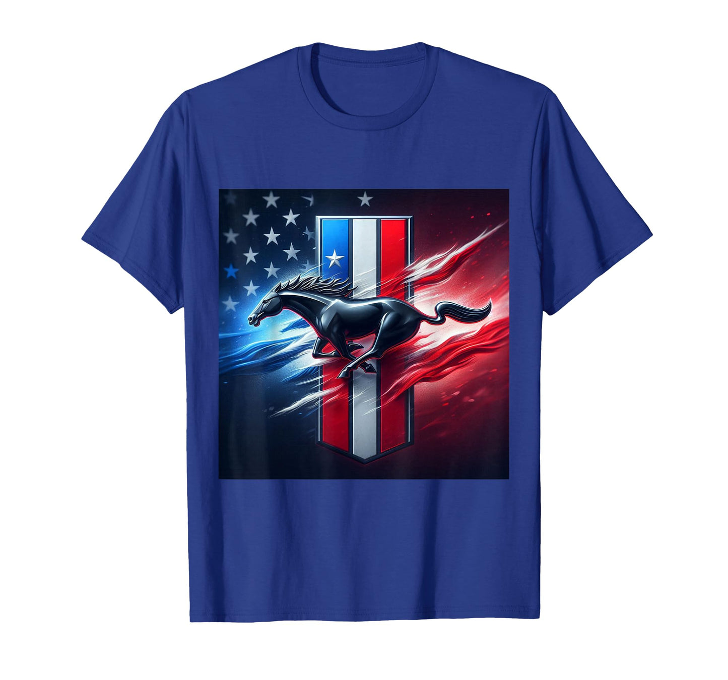 Galloping Mustang on Tri-Bar & Flag Background T-Shirt