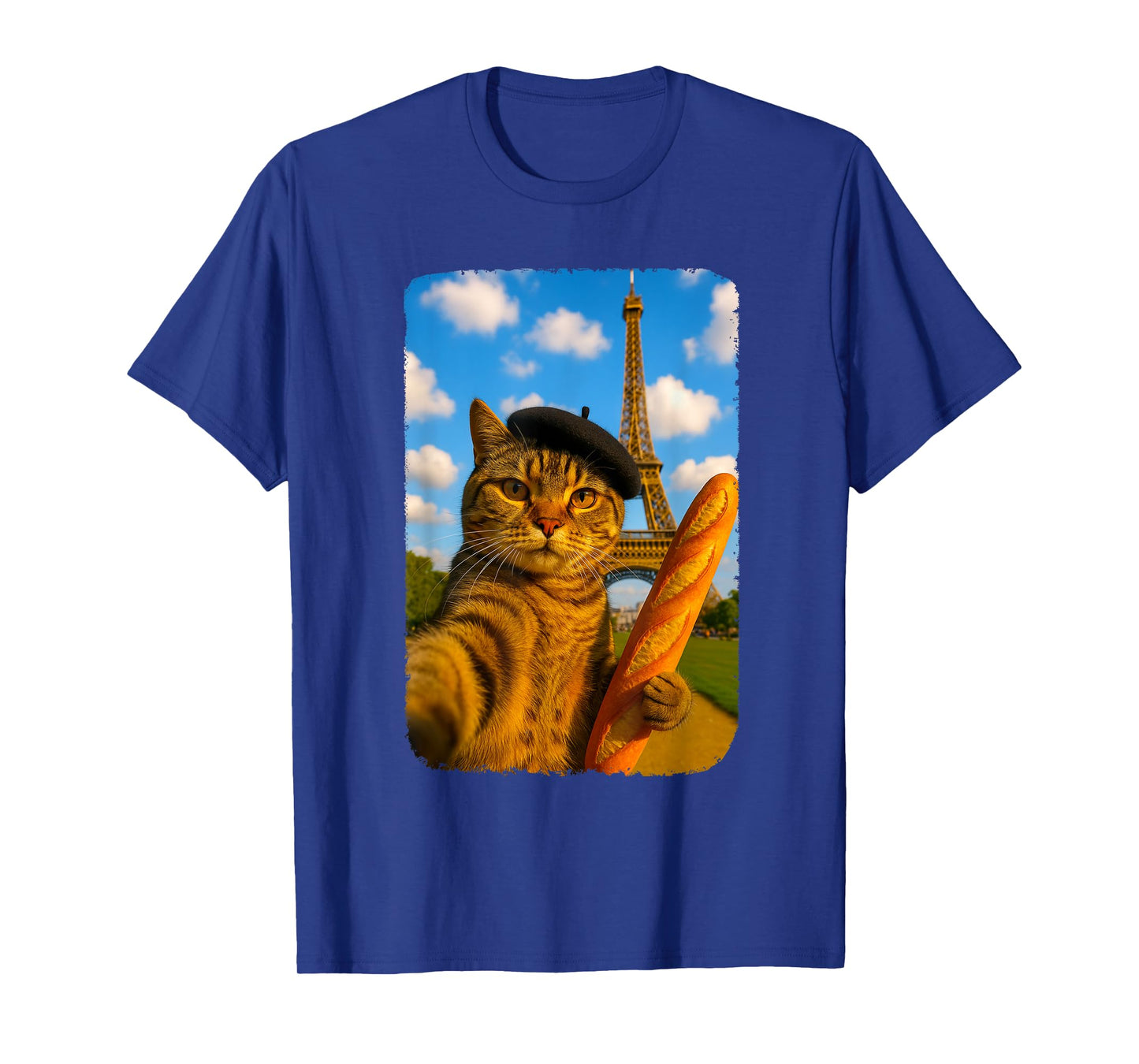 Funny French Cat Selfie with Baguette And Beret Men Women Kids T-Shirt