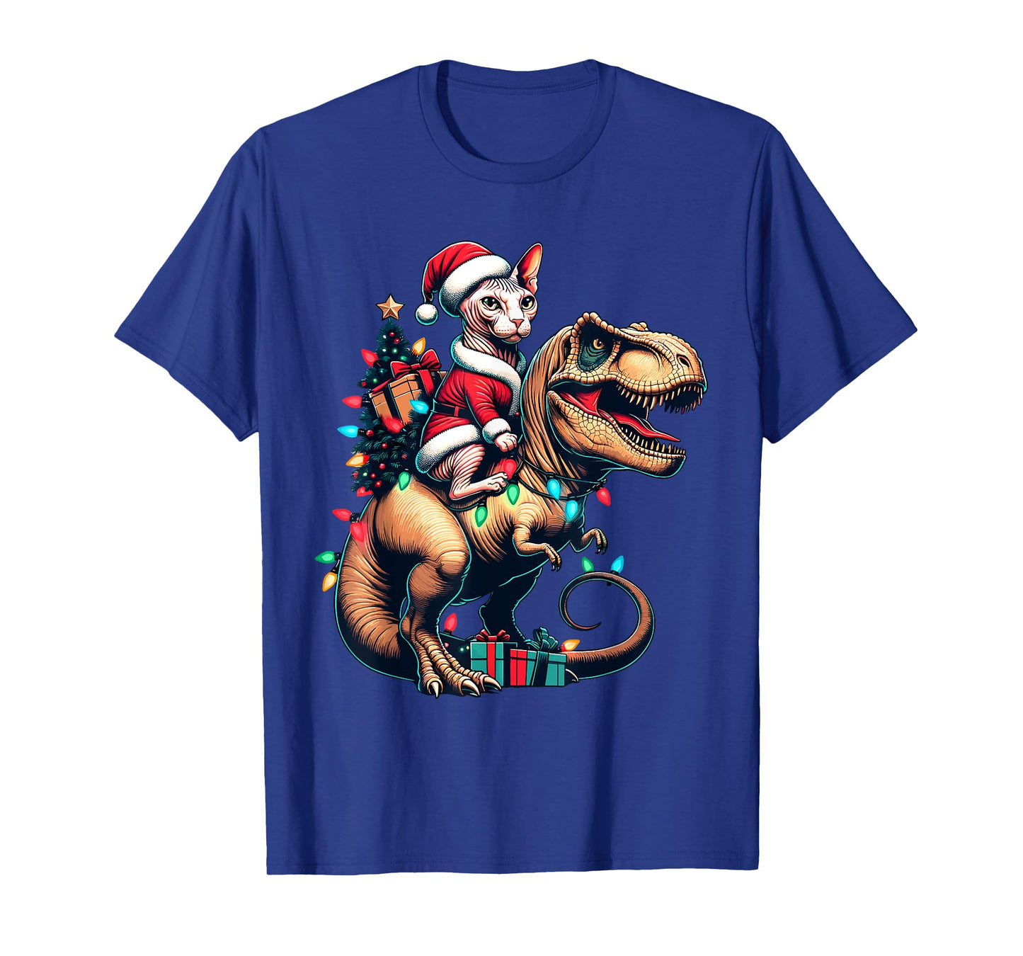 Funny Sphynx Cat Rides Santa T-Rex Vintage Christmas Sphynx T-Shirt for Men Women Kids