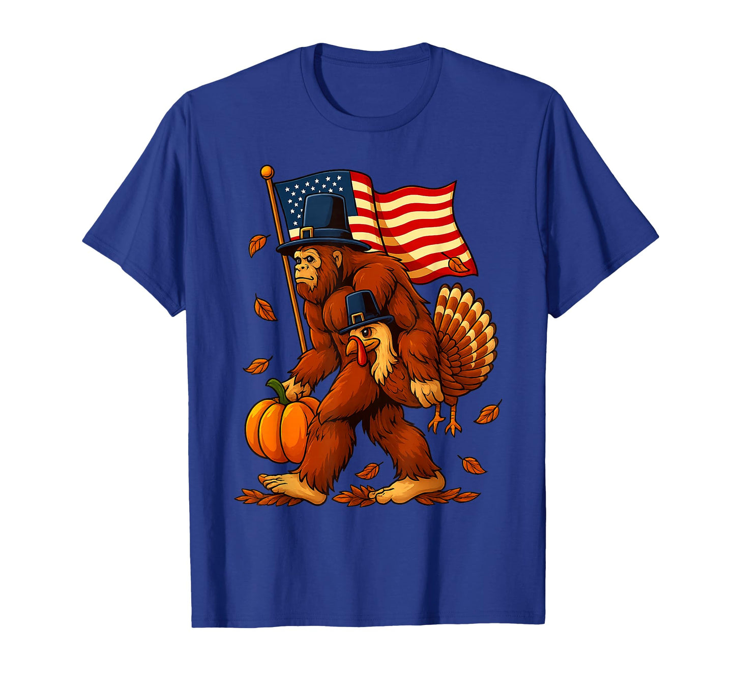Funny Bigfoot Turkey Thanksgiving American Flag Pumpkin Fall T-Shirt