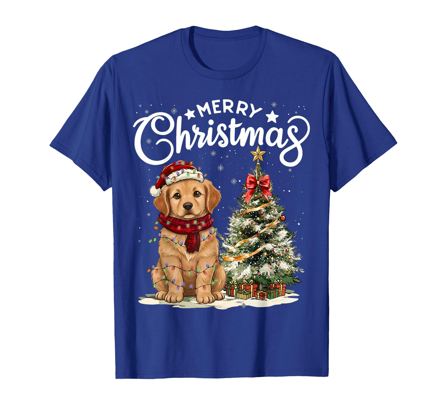 Golden Retriever Merry Christmas Dog Santa Hat Tree Lights T-Shirt