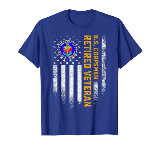 Vintage USA American Flag US Corpsman Proud Retired Veteran T-Shirt