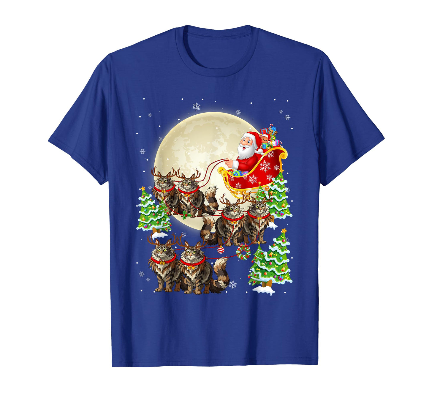 Funny Maine Coon Cat Reindeer Santa Sleigh Merry Christmas T-Shirt
