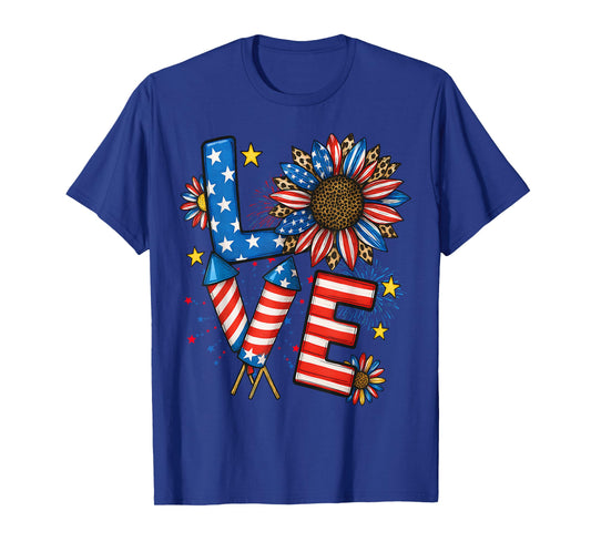 Patriotic LOVE 4th Of July American Flag Floral Fireworks T-Shirt