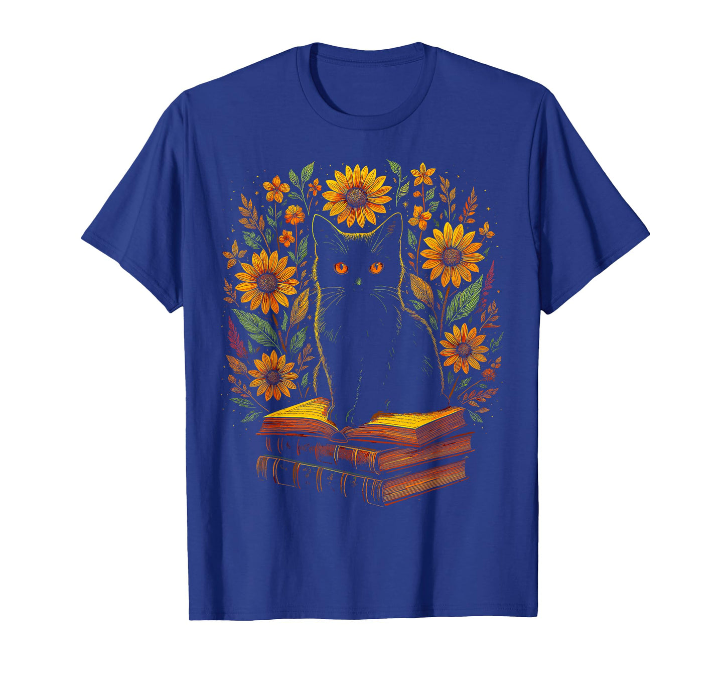 Vintage Black Cat Sunflower Books Reading T-Shirt