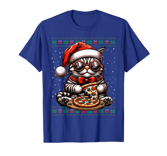 Christmas Cat Santa Eating Pizza Ugly Christmas Sweater T-Shirt for Men Women Kids