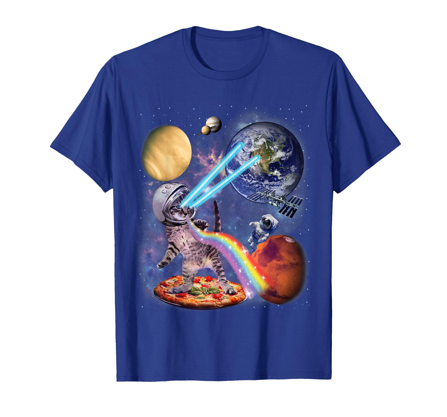 Funny Cat Flying A Pizza Astronaut in Space Galaxy Cat T-Shirt