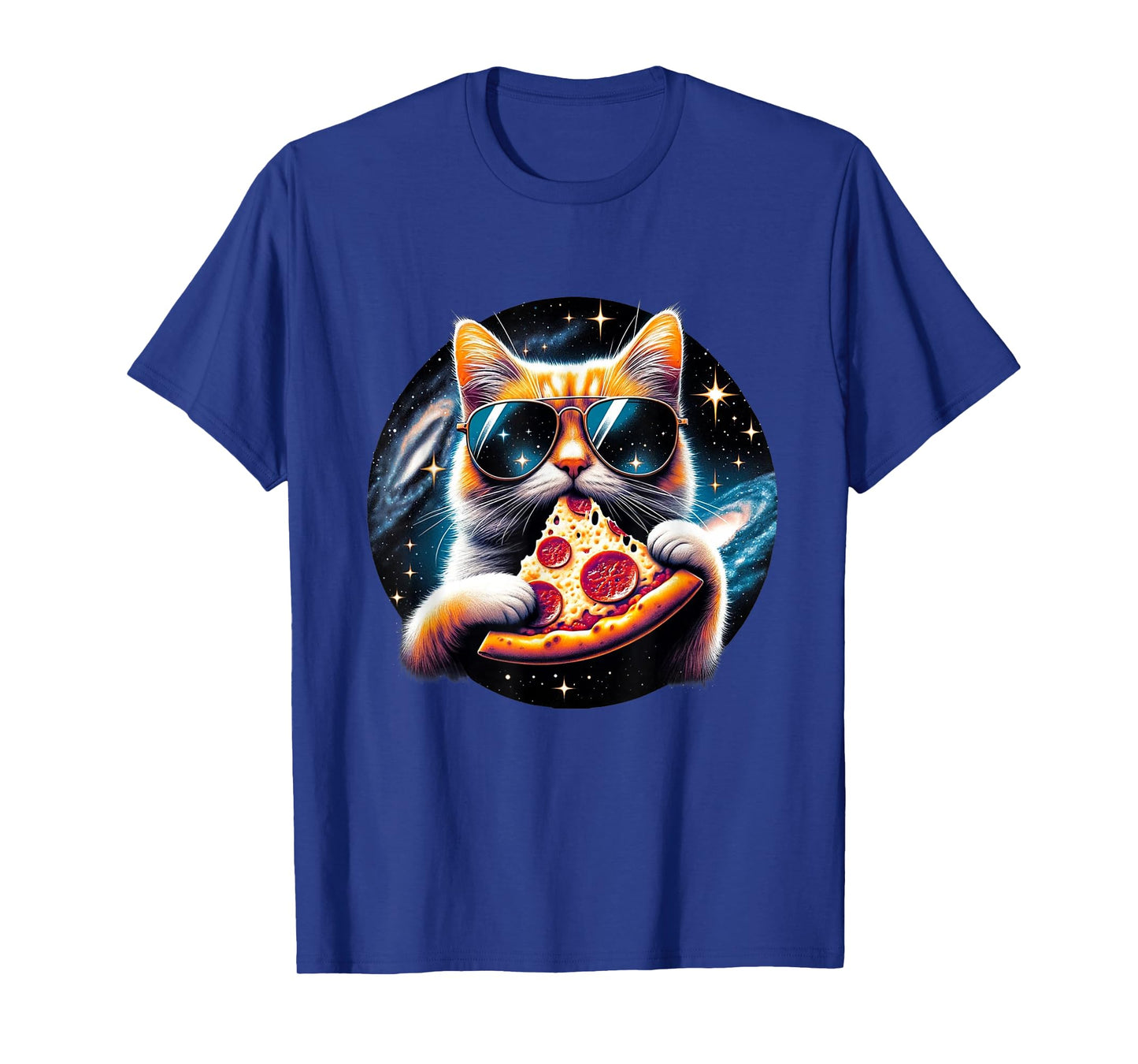 Funny Cat Eating Pizza in Space Kitty Galaxy T-Shirt