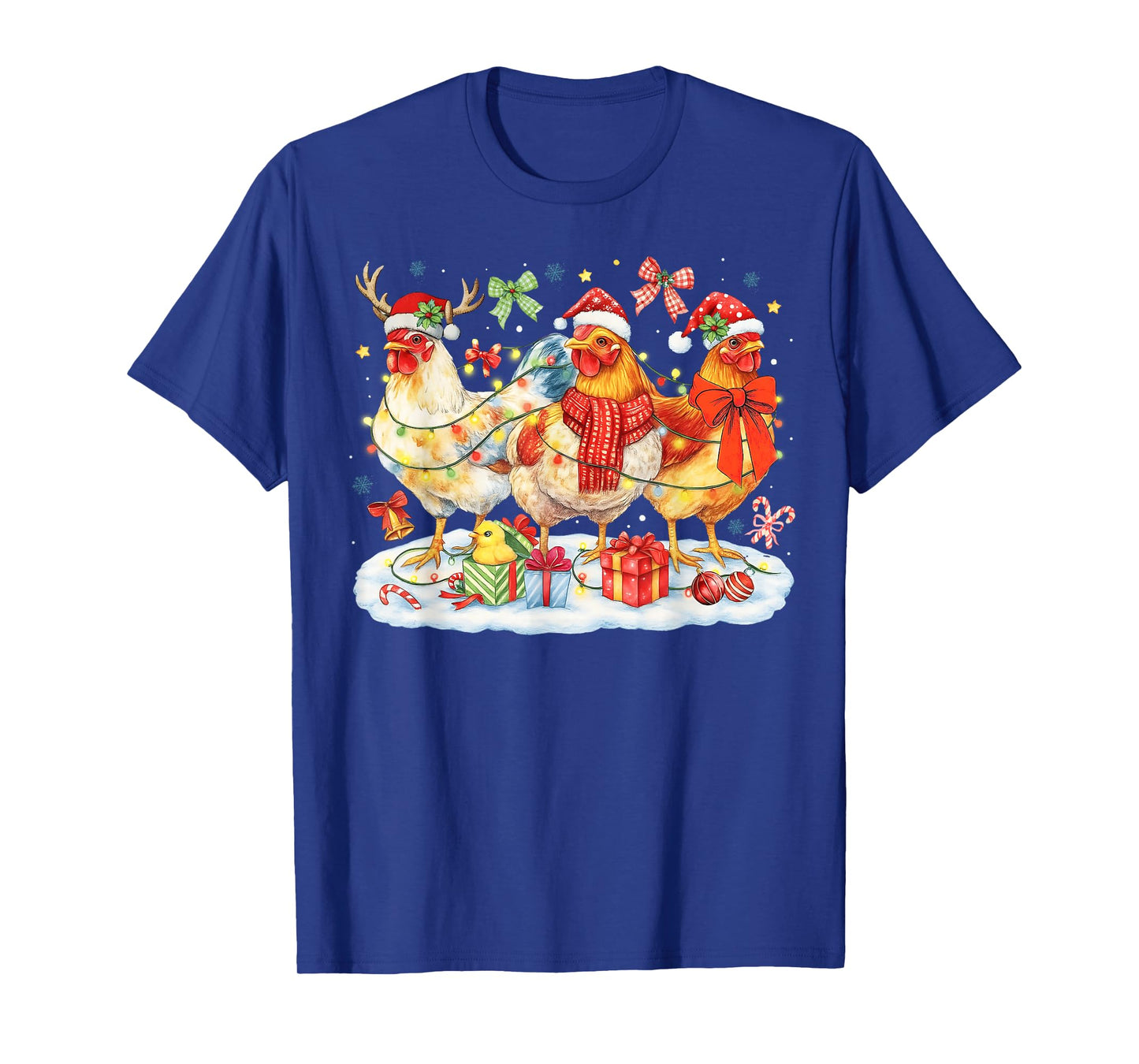 Chicken Christmas Lights Santa Hats Reindeer Funny Holiday T-Shirt