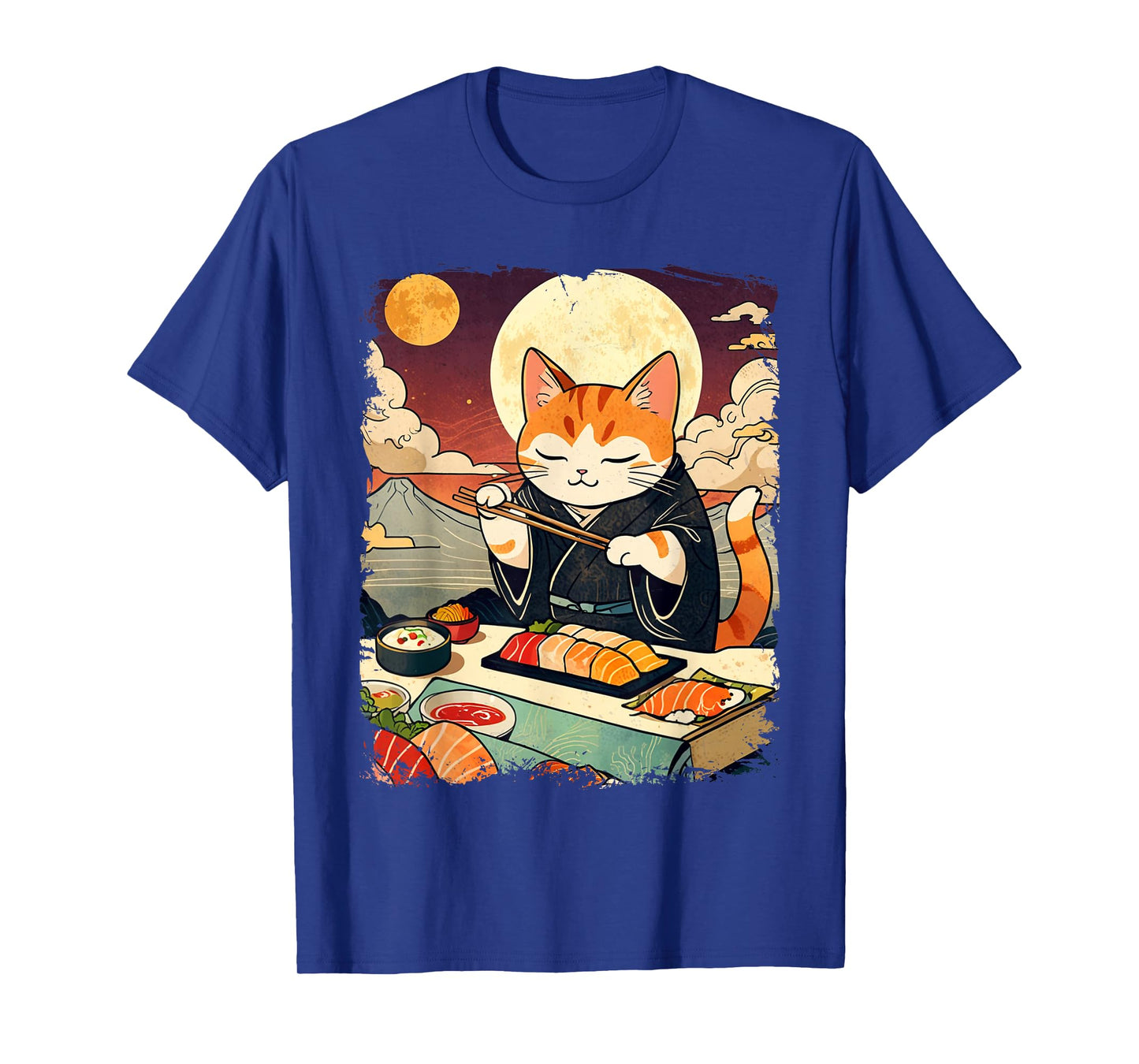 Cat Eating Sushi Funny Vintage Japanese Cat Ukiyo-e Art T-Shirt