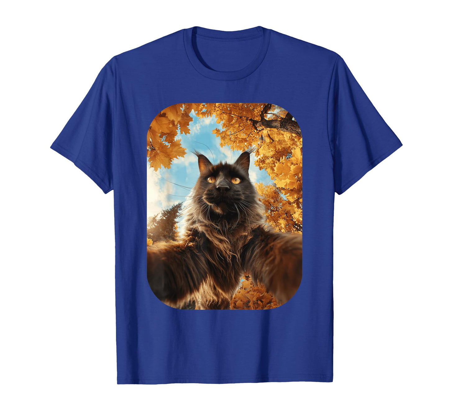 Cute Maine Coon Cat Selfie Fall Leaves Forest Autumn Animal T-Shirt