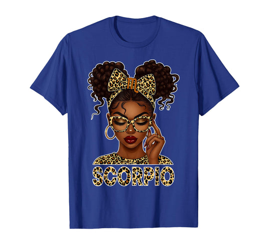 Scorpio Woman Black Girl Leopard Bow Zodiac Birthday T-Shirt