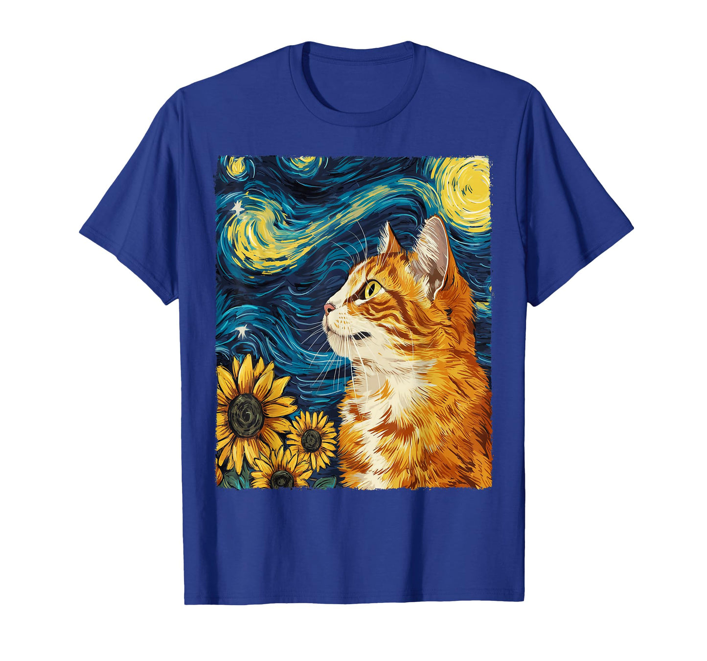 Cat Starry Night Apparel Gifts Graphic Tees Cat Mom Cat Dad Unisex-Adults Unisex-Kids Black Small Round Collar Sunflower Graphic Modern T-Shirt