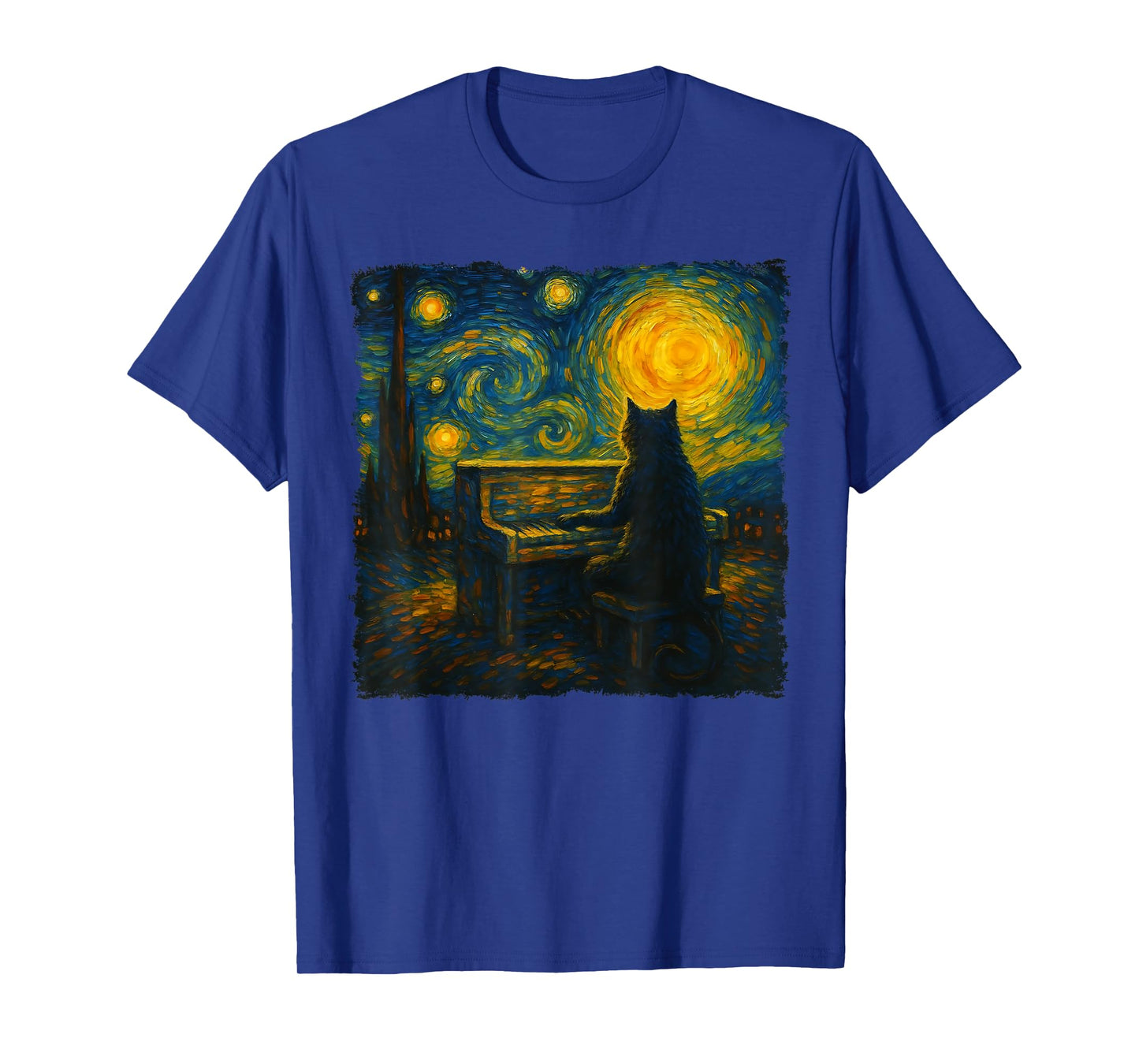 Funny Black Cat Playing Piano Starry Night Vincent Van Gogh T-Shirt