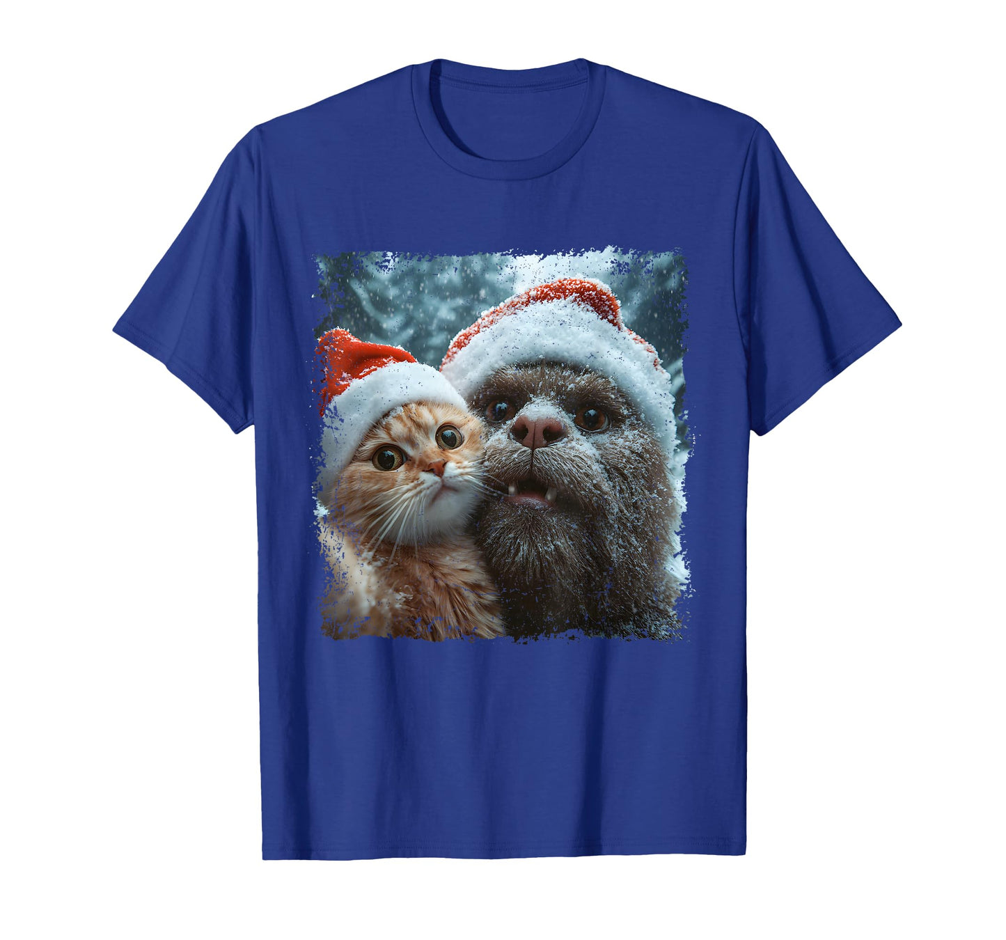Funny Bigfoot and Cat Christmas Selfie Design T-Shirt