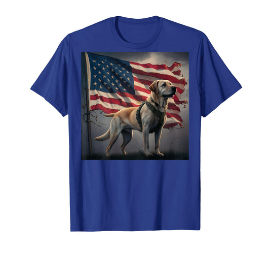 Back print. Patriotic Yellow Labrador with American Flag T-Shirt