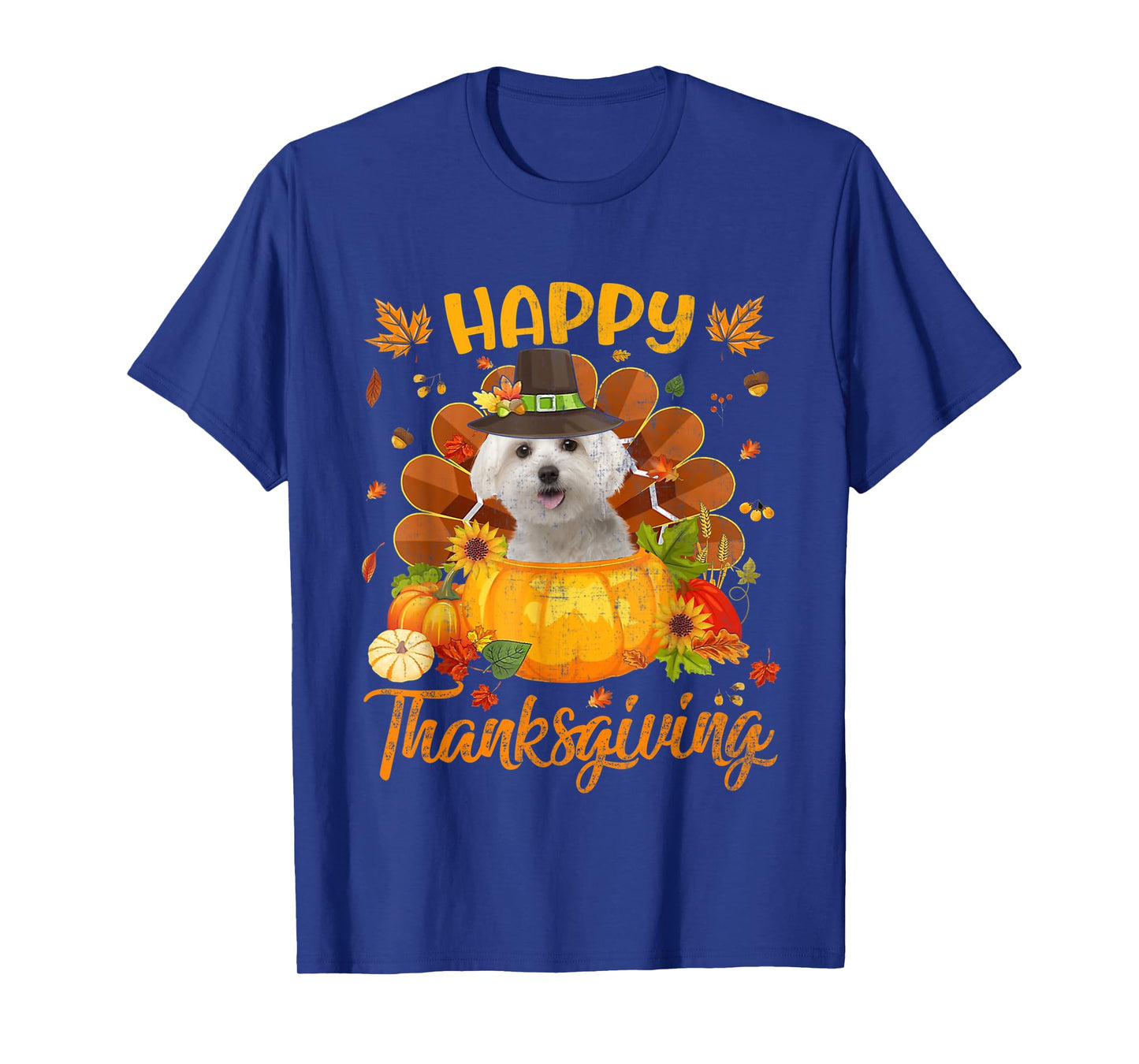 Happy Thanksgiving Maltese Dog Turkey Pumpkin T-Shirt
