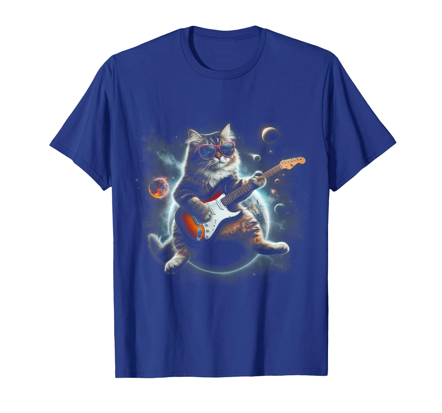 Rock Cat Playing Guitar Electric in space Funny kitty Galaxy T-Shirt for Men Women Kids