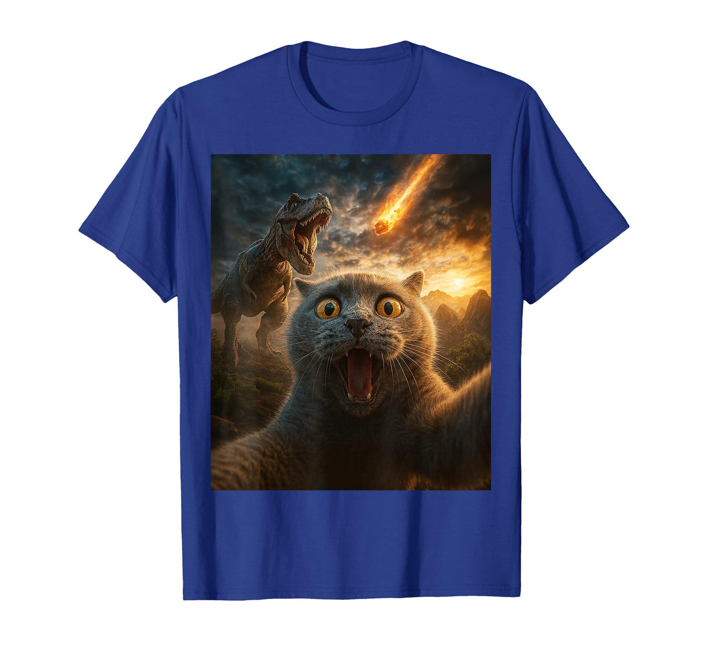 Funny Cat Selfie with Dinosaur and Meteor Apocalypse Gifts T-Shirt