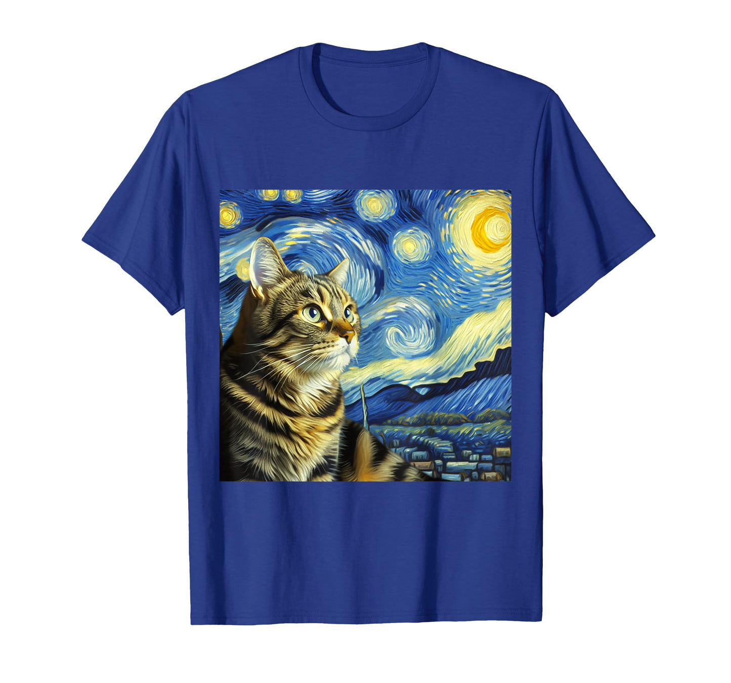 Funny Cat Lover Starry Night Van Gogh Grey Tabby Tiger Cat T-Shirt