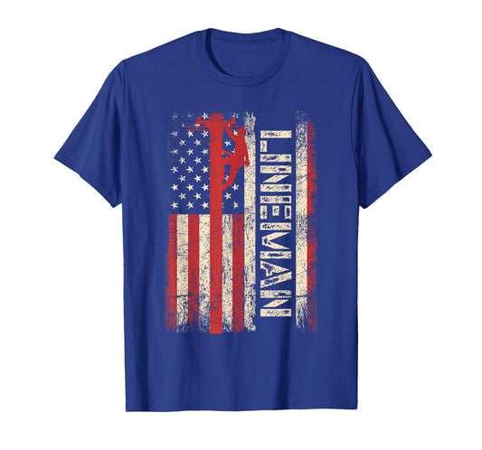 Lineman US American Flag Shirt Patriotic Electrician Men Dad T-Shirt