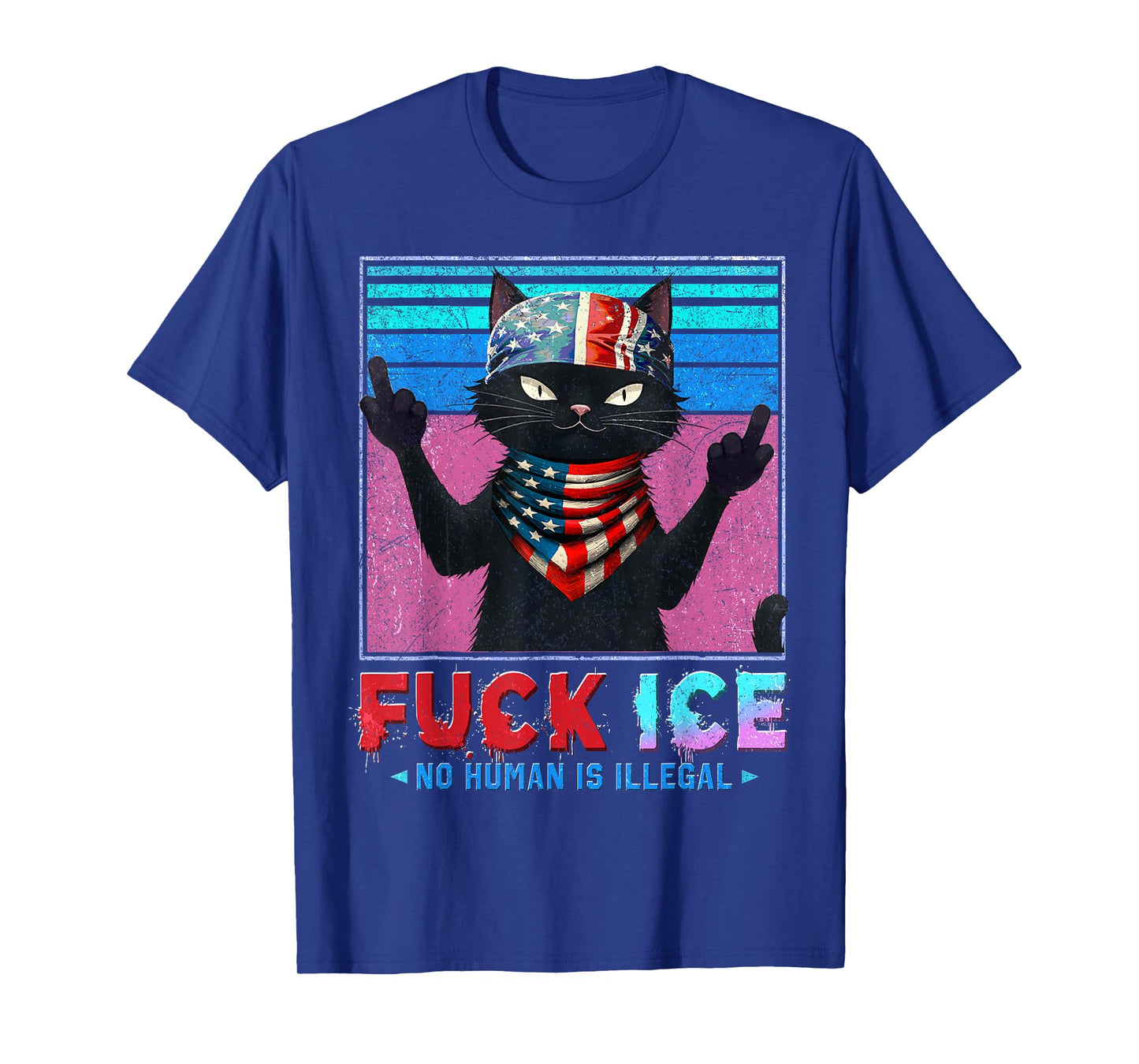 FCK ICE Distressed Funny Black Cat Humorous T-Shirt