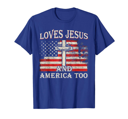 Retro Loves Jesus And America Too America Flag 4th of July T-Shirt