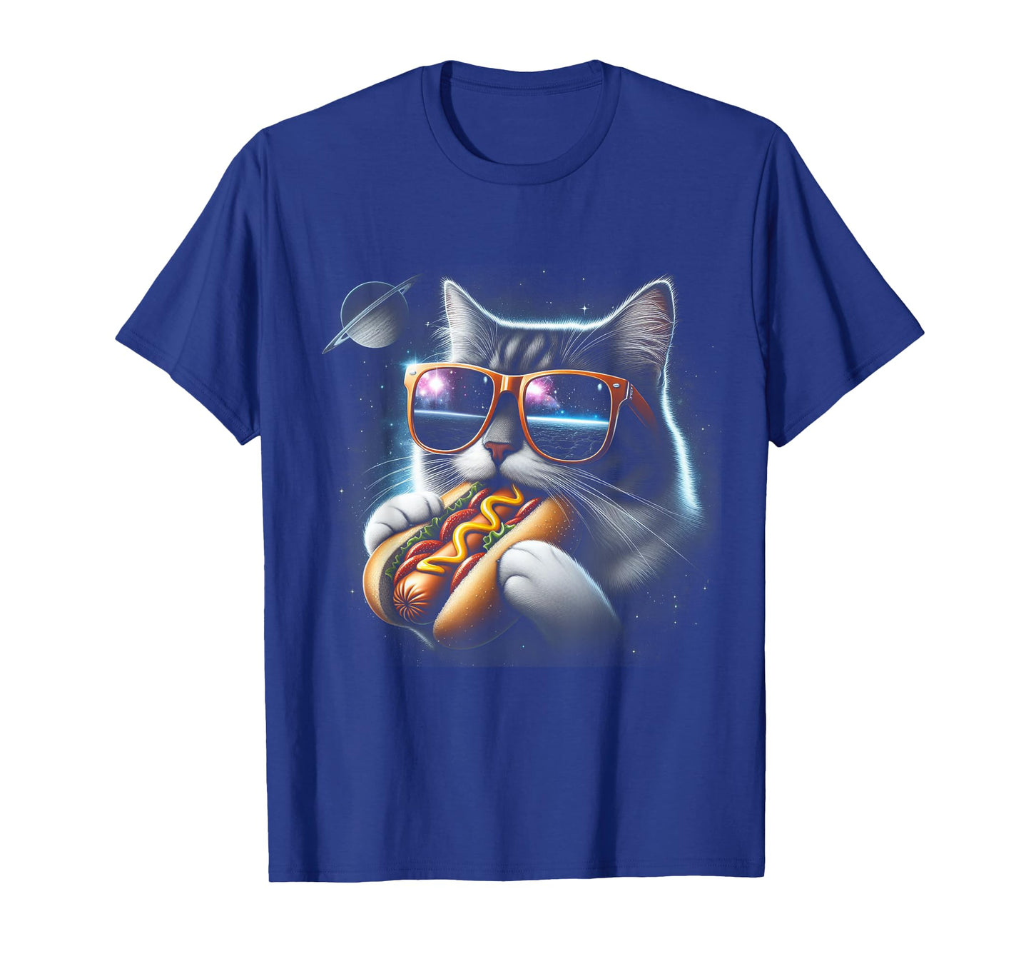 Funny Cat Eating Hotdog in Space Kitty Space Galaxy T-Shirt