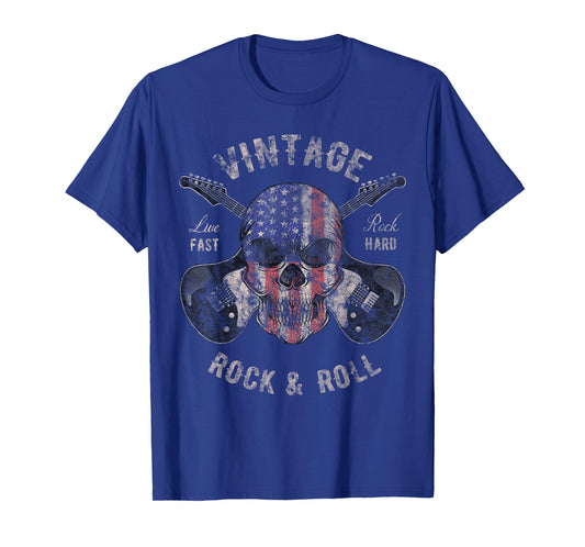 American Flag Guitar Vintage Rock and Roll Skull Guitarist T-Shirt