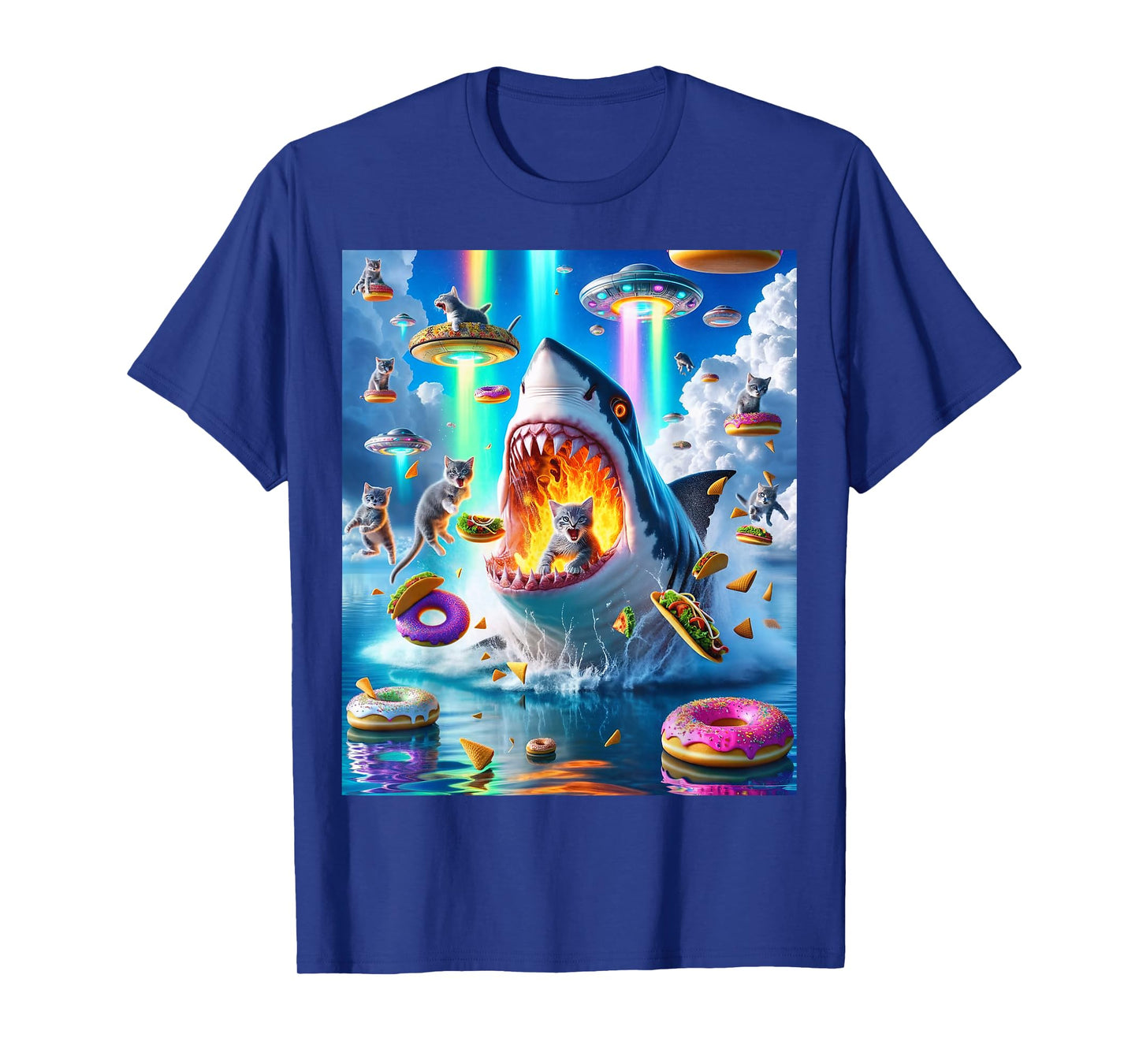 Cat Kitty Riding Fire Breathing Shark Rainbow Laser Taco T-Shirt