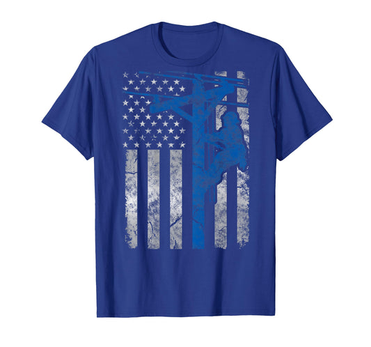 Distressed Patriotic Thin Blue Line Lineman American Flag T-Shirt