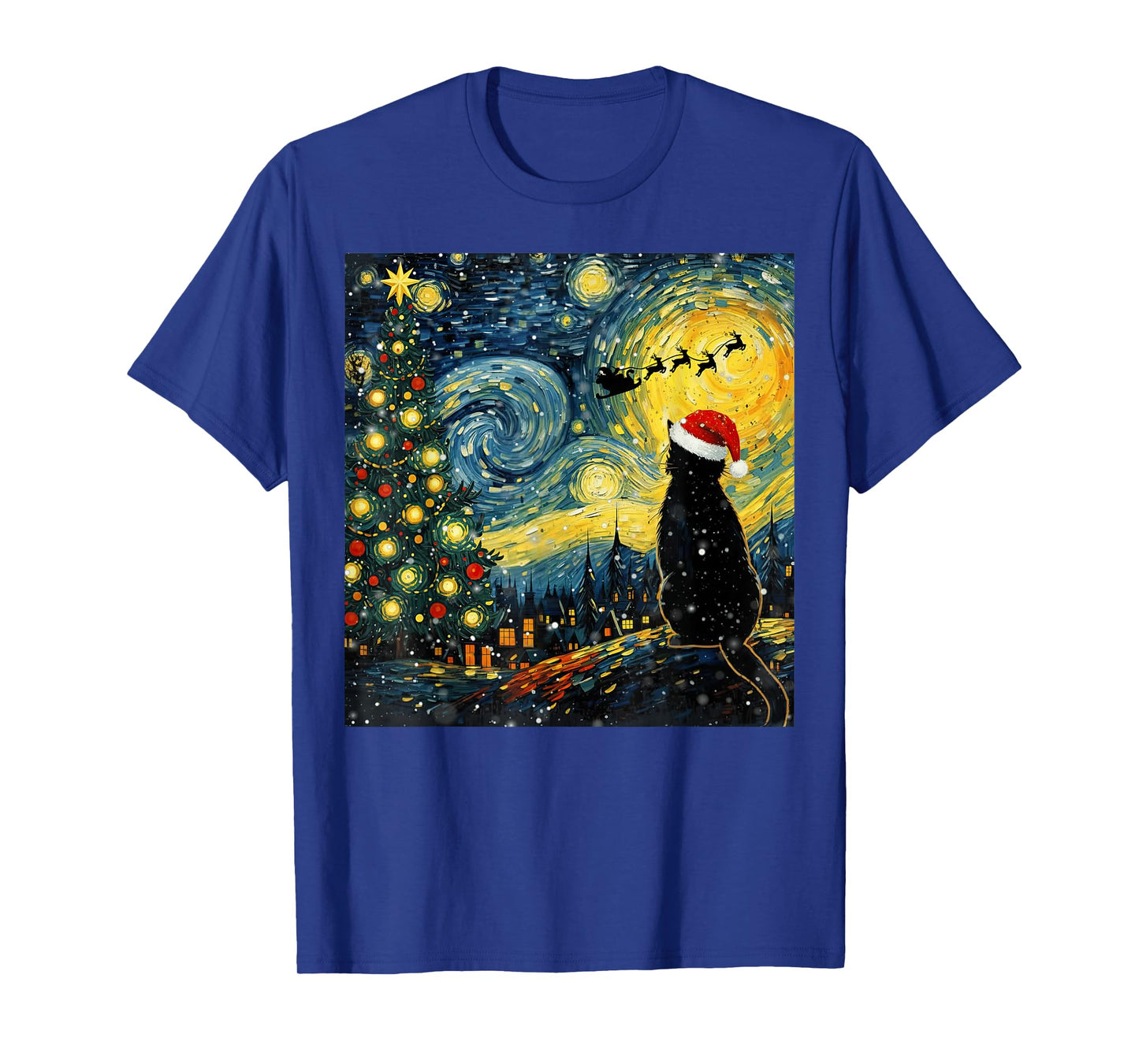 Santa Cat Starry Night Vintage Funny Christmas Vibes Art T-Shirt